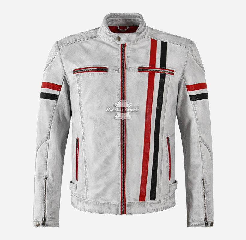 Mosta Leather Biker Jacket White Mens VIntage Stripes Leather Jacket