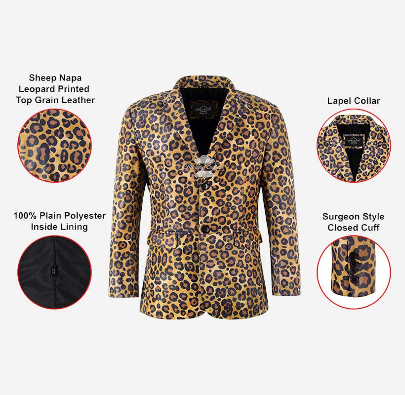 WILLOW Men's Leopard Print Leather Blazer Jacket Exotic Coat