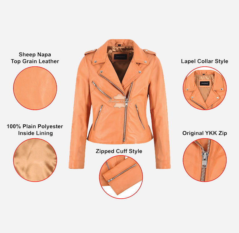 EMILY Women Leather Biker Jacket Soft Peach