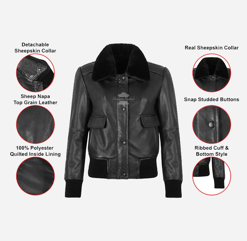 BLISS Black Ladies Bomber Leather Jacket With Removable Fur Collar