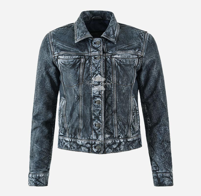 TRUCKER Leather Denim Jacket For Women Waxed Leather Shirt Jacket
