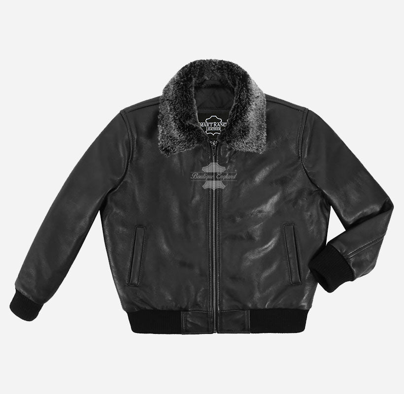 Kids Bomber Leather Jacket with Fur Collar
