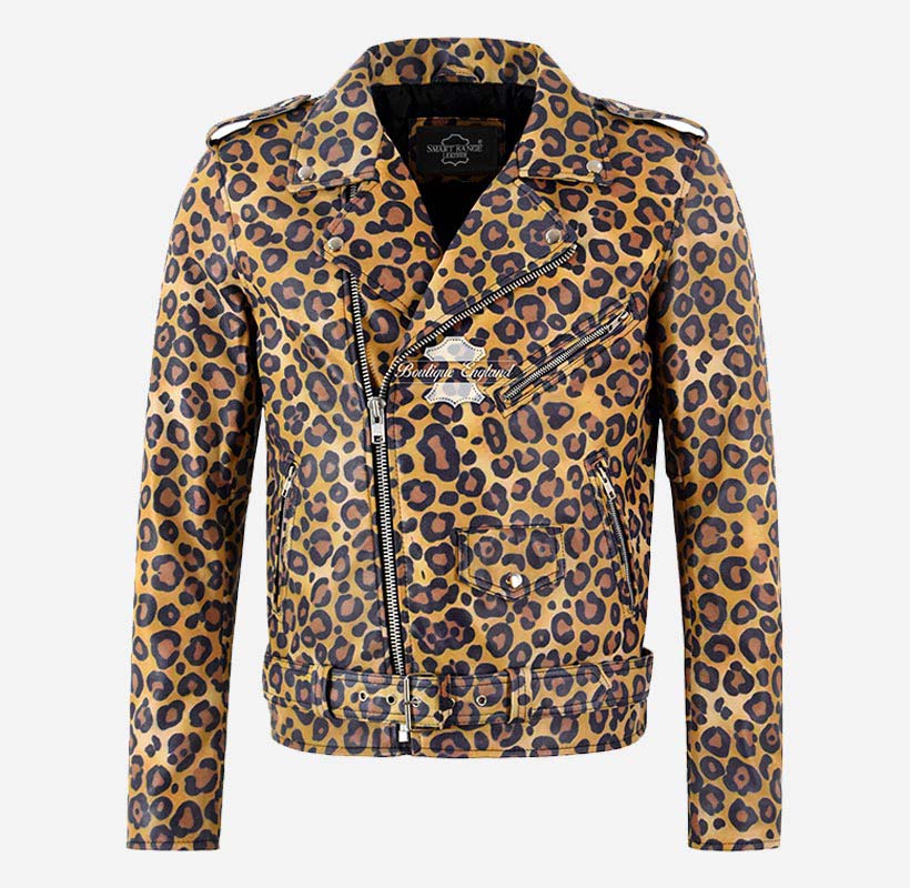 BRANDO Mens Leopard Print Leather Biker Jacket Exotic Leather Jacket