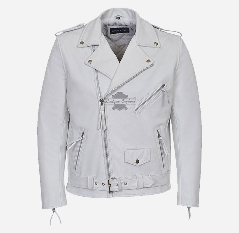 BRANDO MENS Rocker Leather Jacket Cowhide White Biker Leather Jacket