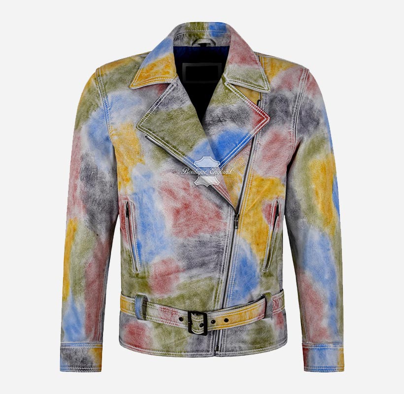 PICASSO Leather Jacket Multicolored Waxed Mens Leather Biker Jacket