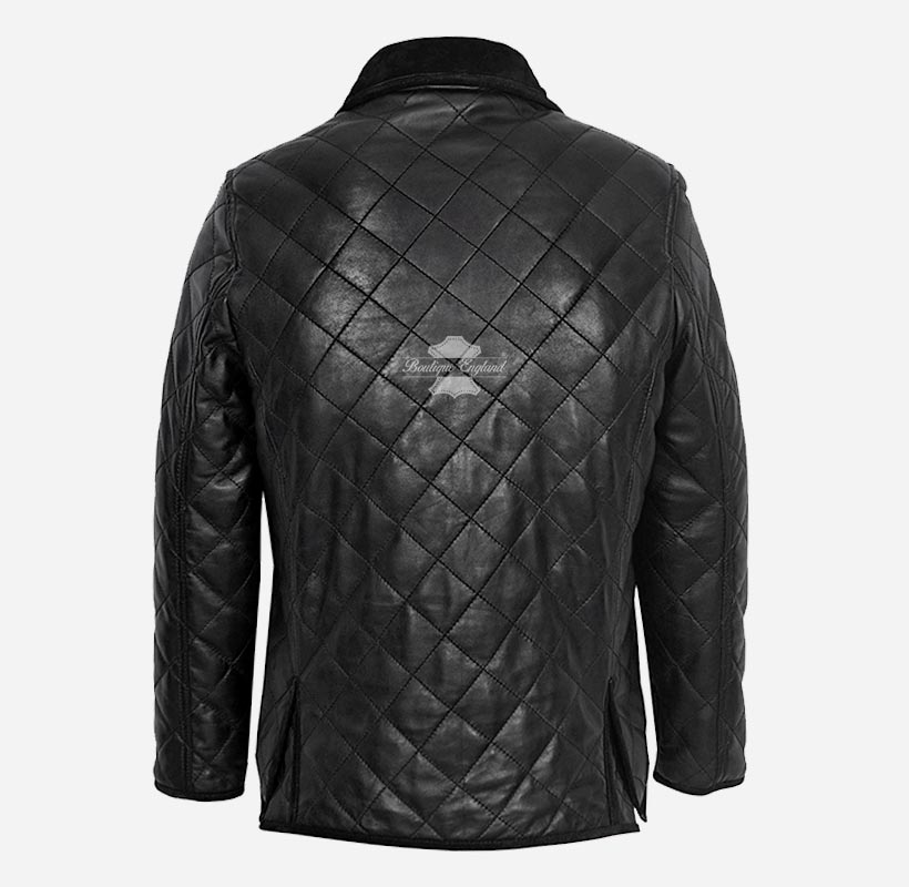LAKEFALL Men's Leather Quilted Coat Black Blouson Leather Jacket