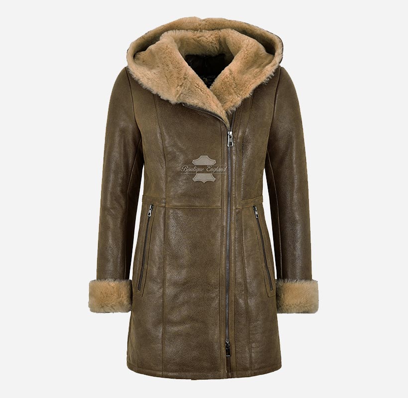 MANTEAU À CAPUCHE EN PEAU DE MOUTON NOISETTE VESTE LONGUE FEMME EN