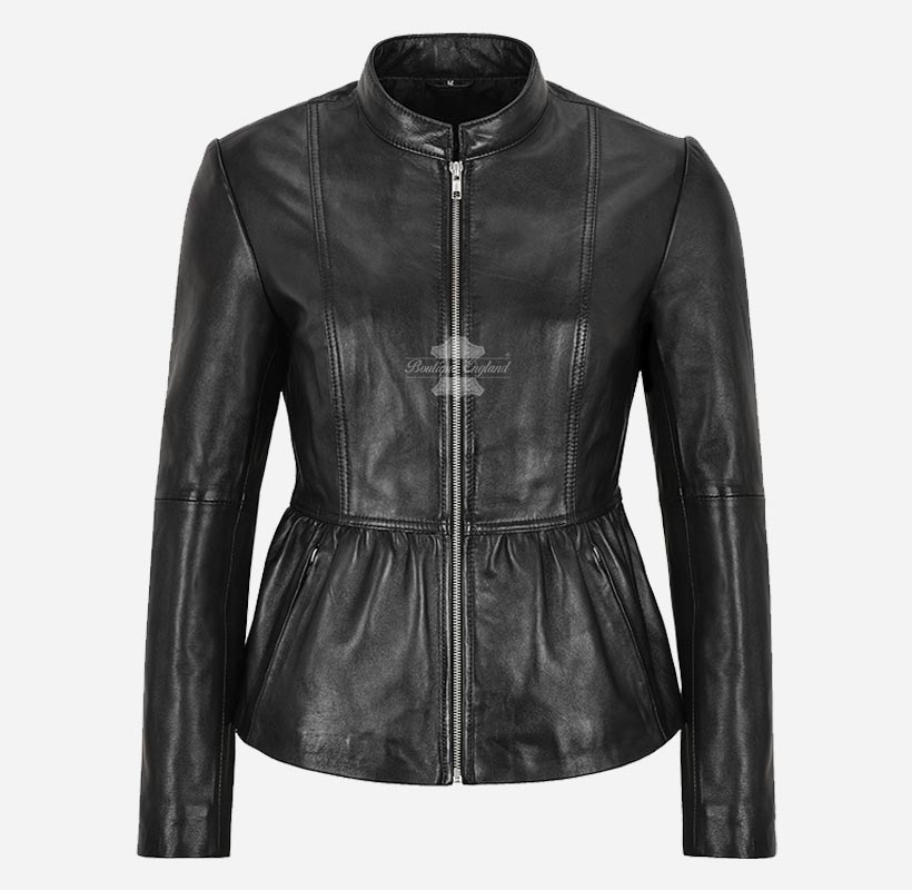 Shirred Waist Ladies Leather Glamour Jacket Black Real Leather Jacket