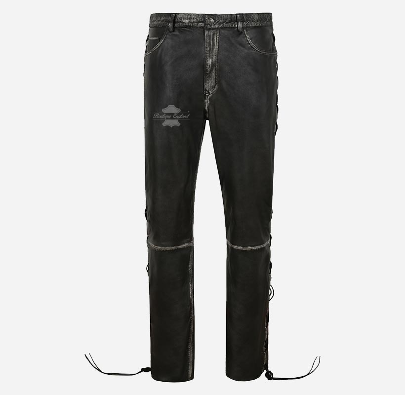 Men's Laced Biker Leather Pants Soft Leather Fashion Pants