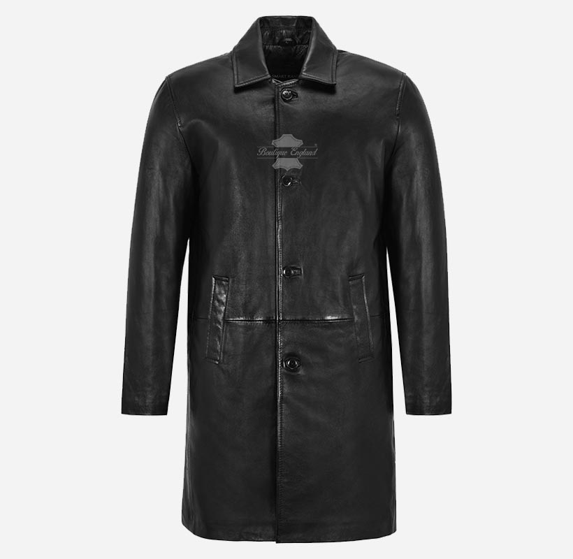 CITY Knee Length Leather Coat Black Leather Coat For Men's