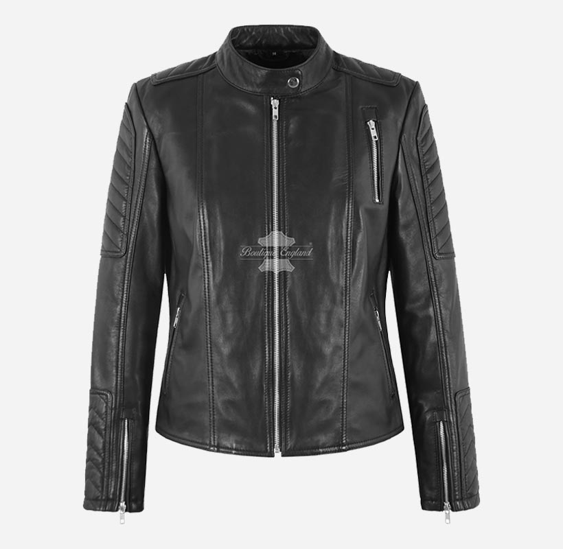 HALOA Ladies Black Biker Leather Jacket Slim Fit Leather Jacket