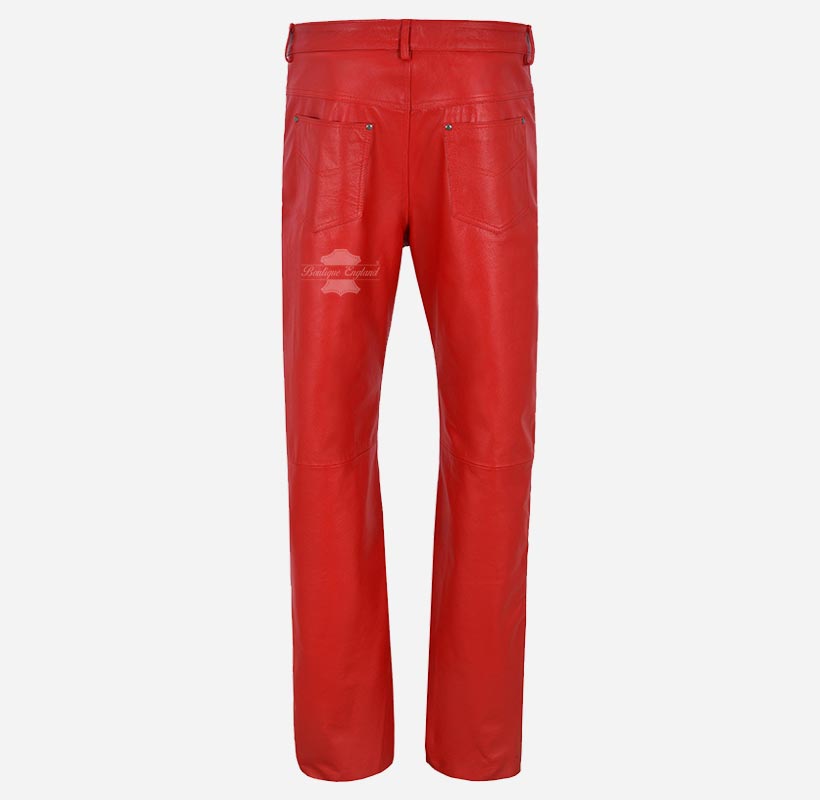 501 Leather Jeans For Men's Biker Style Cow Red Leather Pants