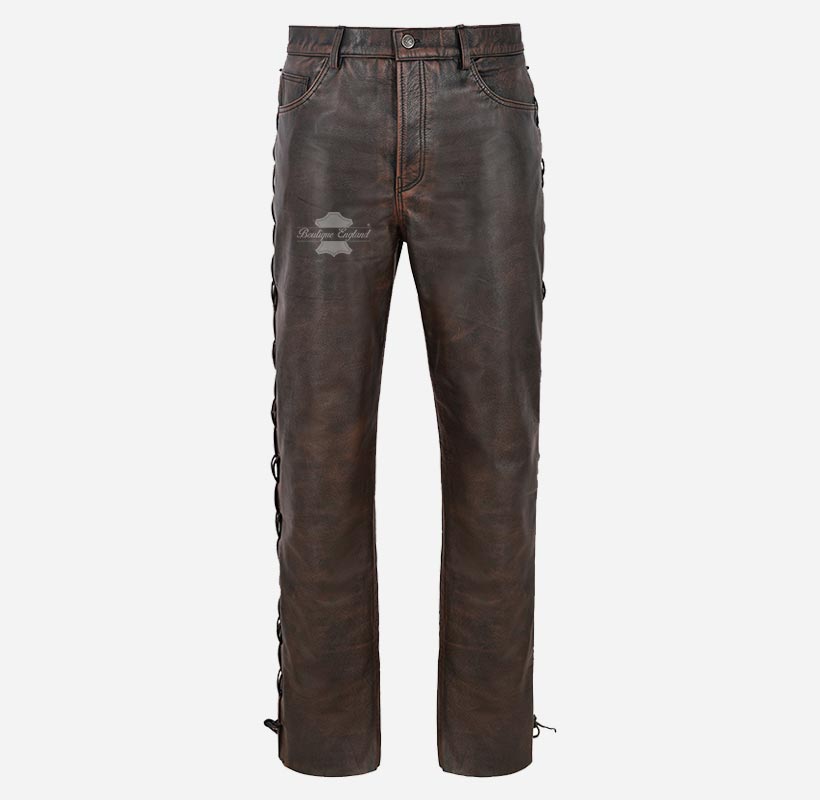 Men's Biker Laced Leather Pants Thick Cowhide Vintage Leather Pants