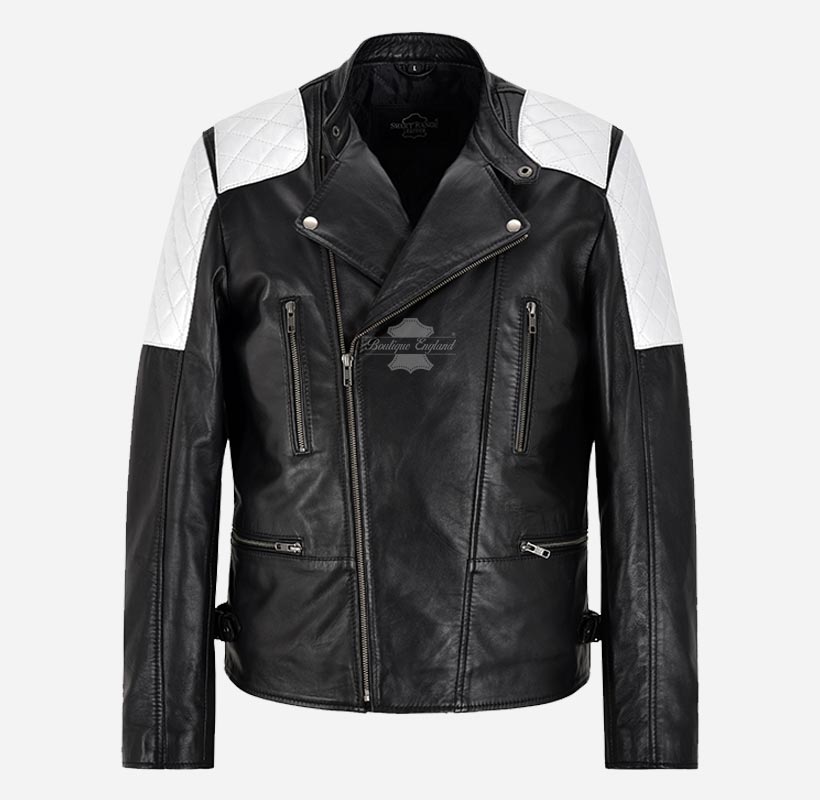 TOM HOLLAND Leather Biker Jacket Black with White Patches