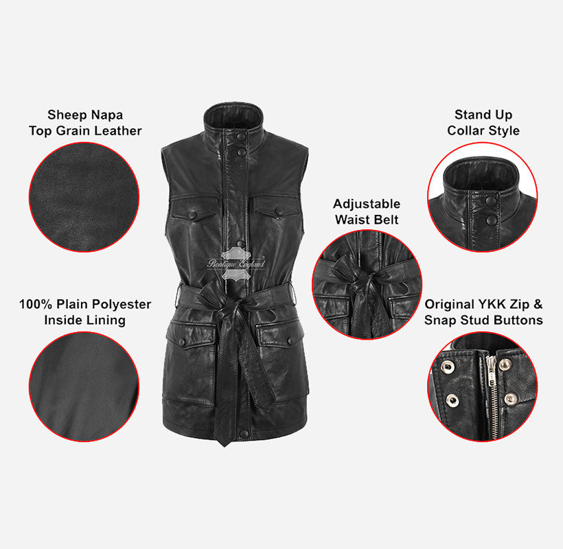 Lily Long Leather Vest Ladies Trench Coat Style Belted Sleeveless Jacket Waistcoat