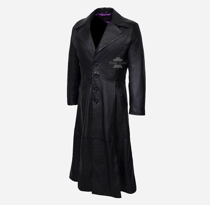 VAMPIRE Men's Black Leather Long Coat Full Length Overcoat