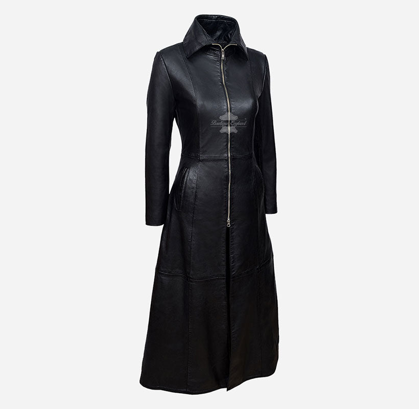 Vampire Ladies Flare Coat Classic Leather Full Length Coat