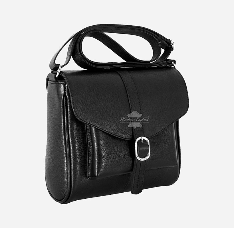 Ladies Crossbody Bag Flap Over Black Leather Medium Shoulder Bag