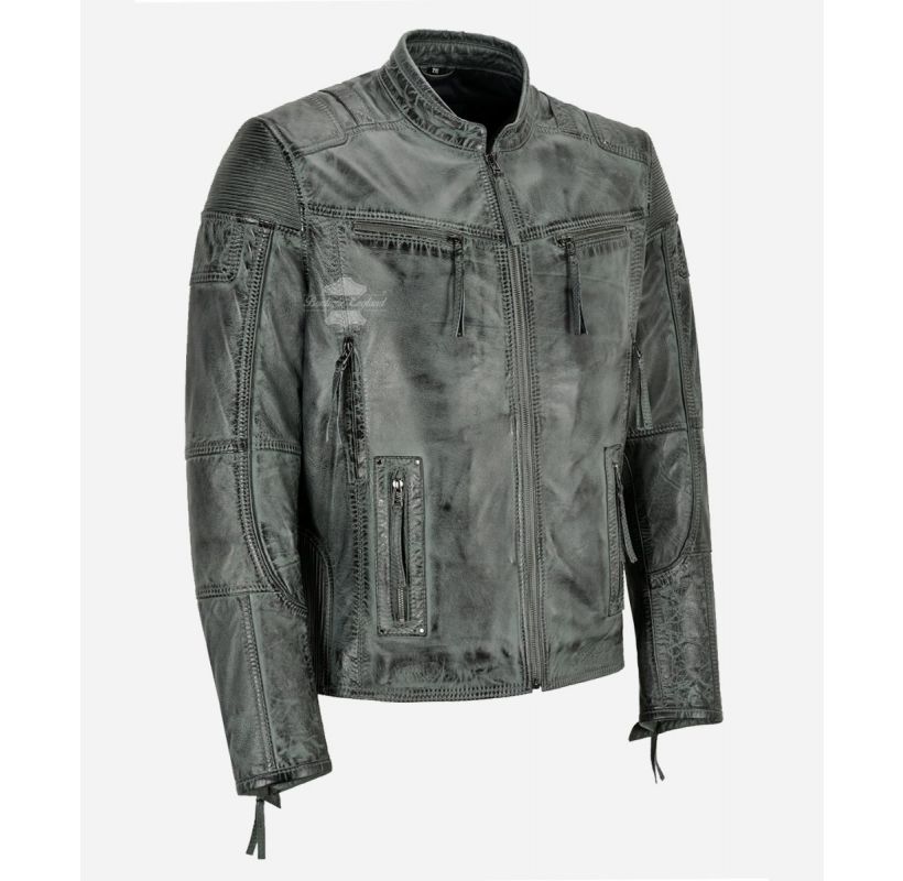 RACER Grey Vintage Men's Biker Leather Jacket Classic Moto Fashion Leather Jacket