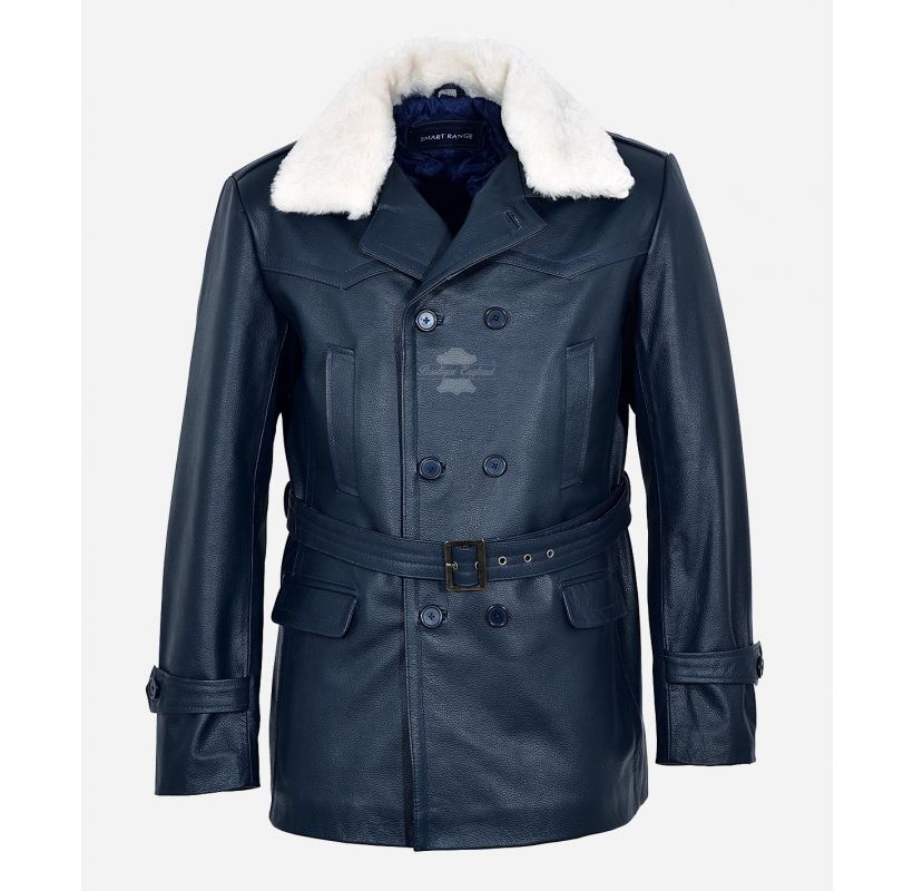 DR WHO Fur COLLAR PEA COAT CLASSIC LEATHER REEFER JACKET