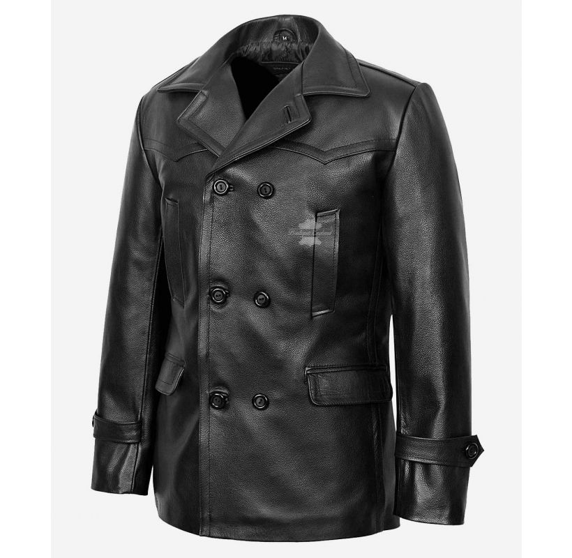 DR WHO LEATHER PEA COAT MEN'S CLASSIC LEATHER REEFER JACKET
