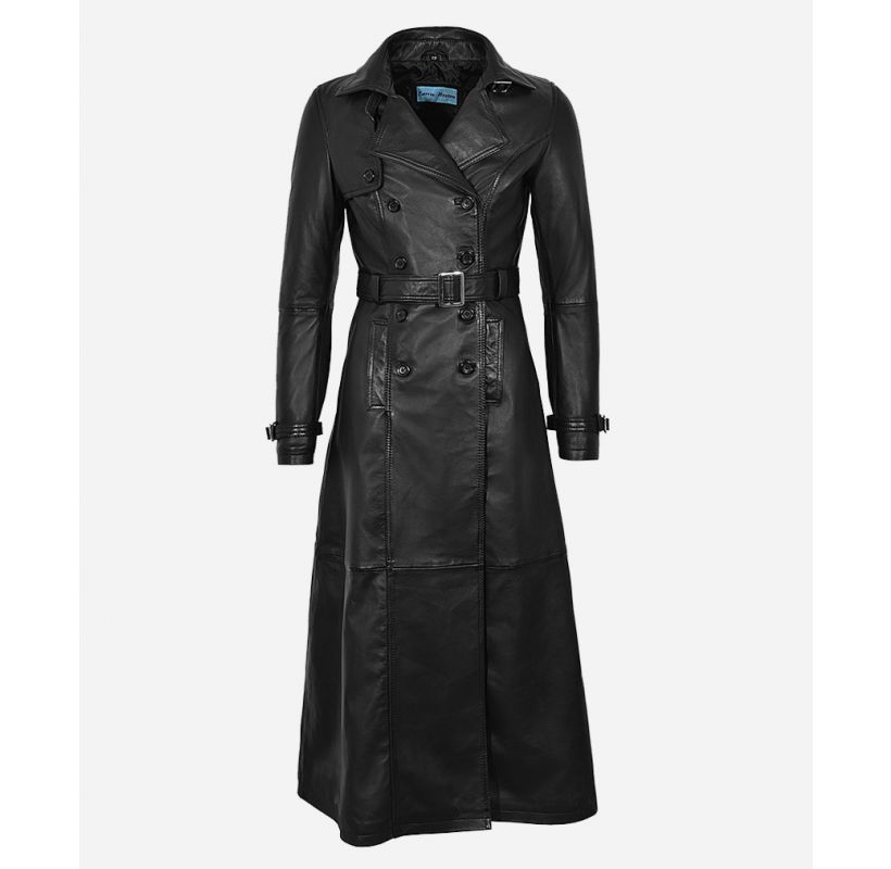 Women Full Length Leather Coat Classic Black Double Breasted Trench Coat with Waist Belt