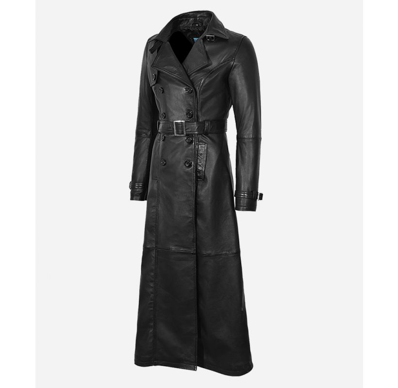 Ladies Full Length Coat Double Breasted Black Leather Long Coat
