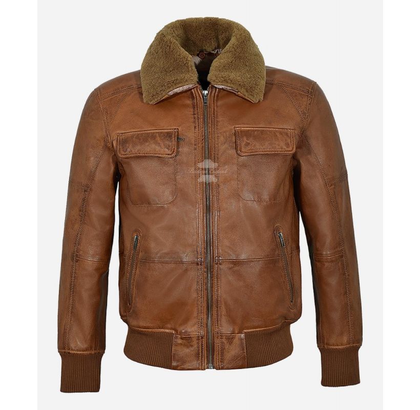 Air Force Pilot Jacket Tan Fur Collared Aviator Cockpit Style Bomber Leather Jacket