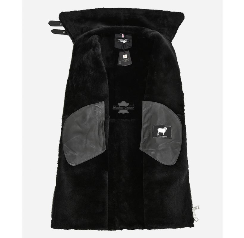 LOUANE Sheepskin Coat Ladies 3/4 Length Black Shearling Fur Winter Coat