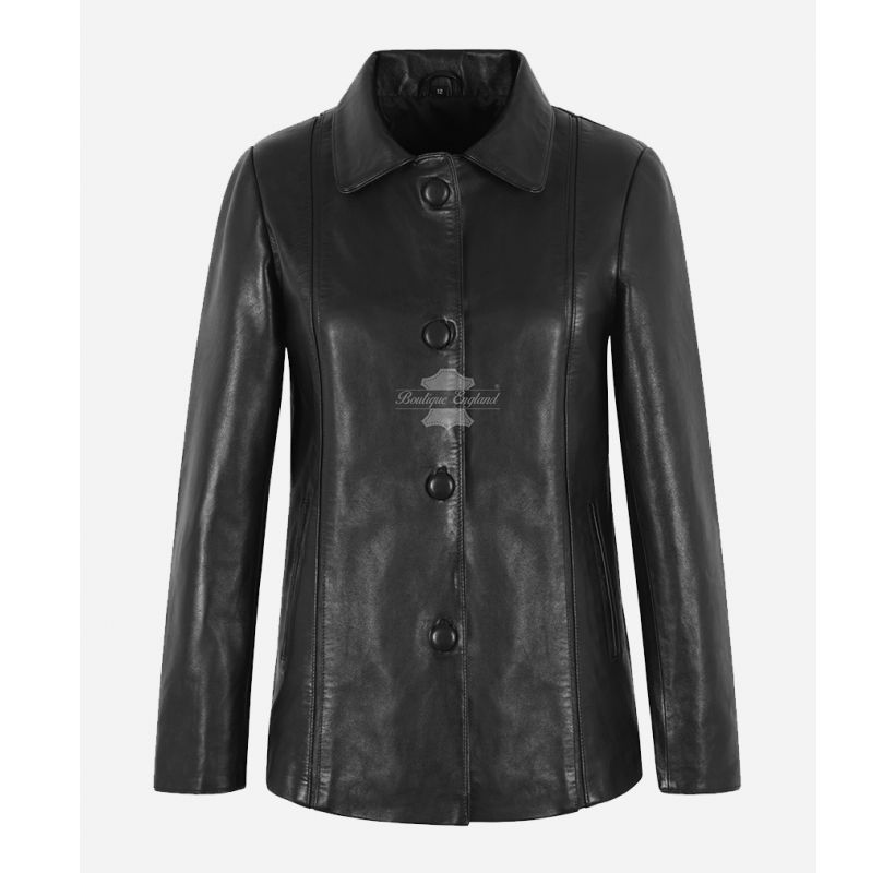 VOGUE Ladies Leather Car Coat Black Button-Down Collared Jacket