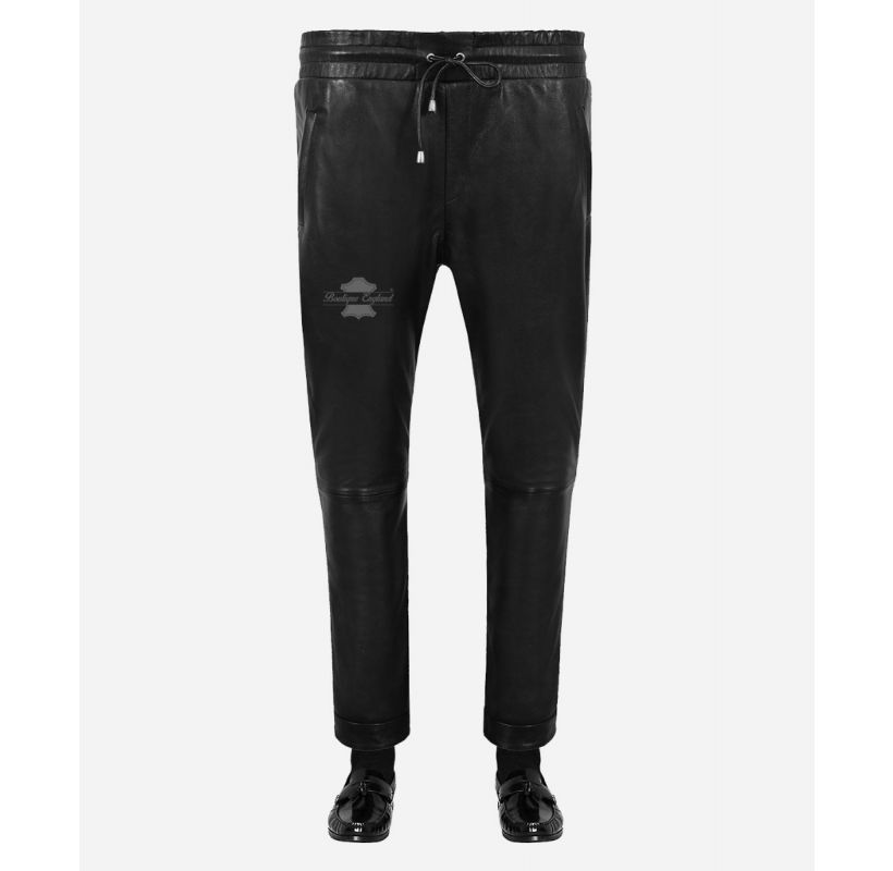 Designer Leather Chinos Men's Elasticated Relax Fit Black Leather Joggers Trousers