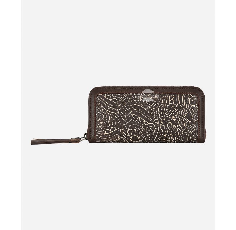 Women’s Floral Embossed Brown Zipper Clutch Wallet Real Leather RFID Purse
