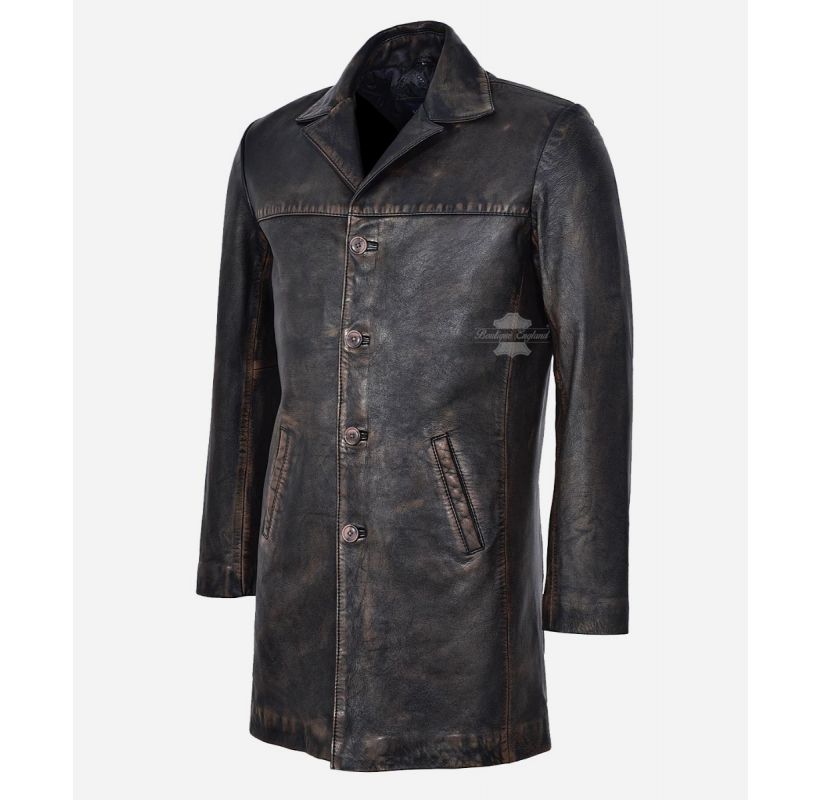 REEFER VINTAGE BLACK LEATHER COAT MENS MILITARY RUB OFF Leather Jacket