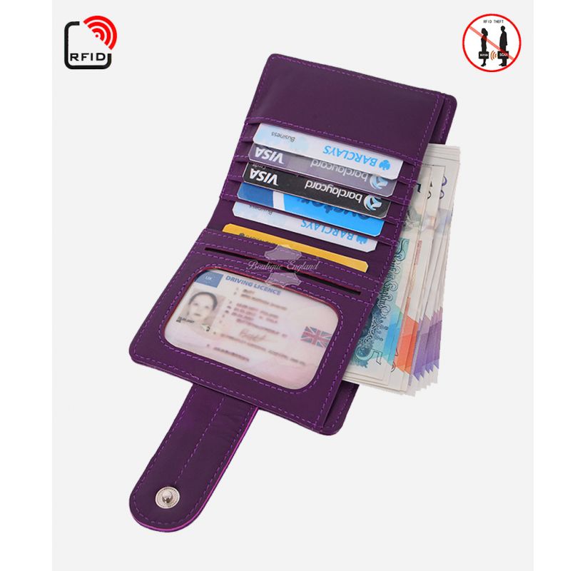 Unisex Leather Bifold Wallet with stud snap closure Purple RFID Protected