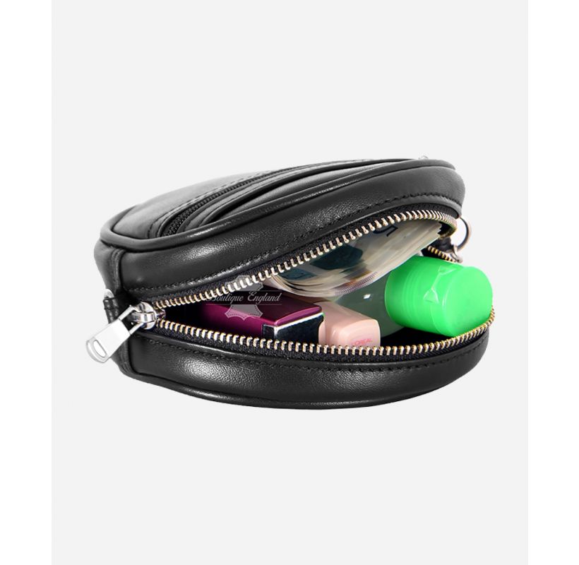 COIN PURSE ROUND SHAPE BLACK LEATHER KEY CHAIN WALLET