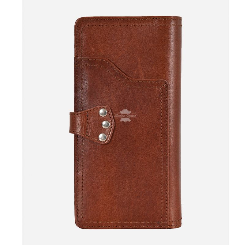 Men's Big Leather Wallet Chestnut Long Travel Wallet Card Holder Coat Purse