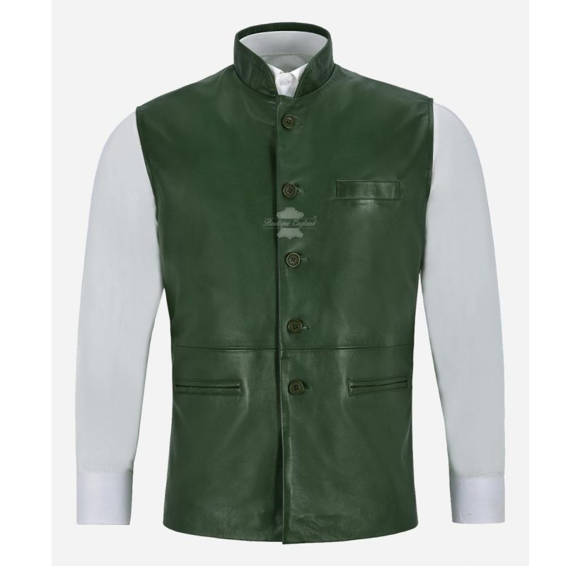 Elegant Fusion Men's Mandarin Collar Leather Waistcoat Jerkin