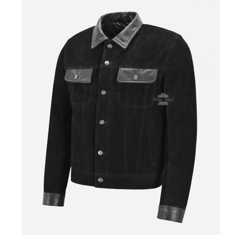 TRUCKER LEATHER JACKET Suede Body Leather Collar & Cuffs Shirt Jacket