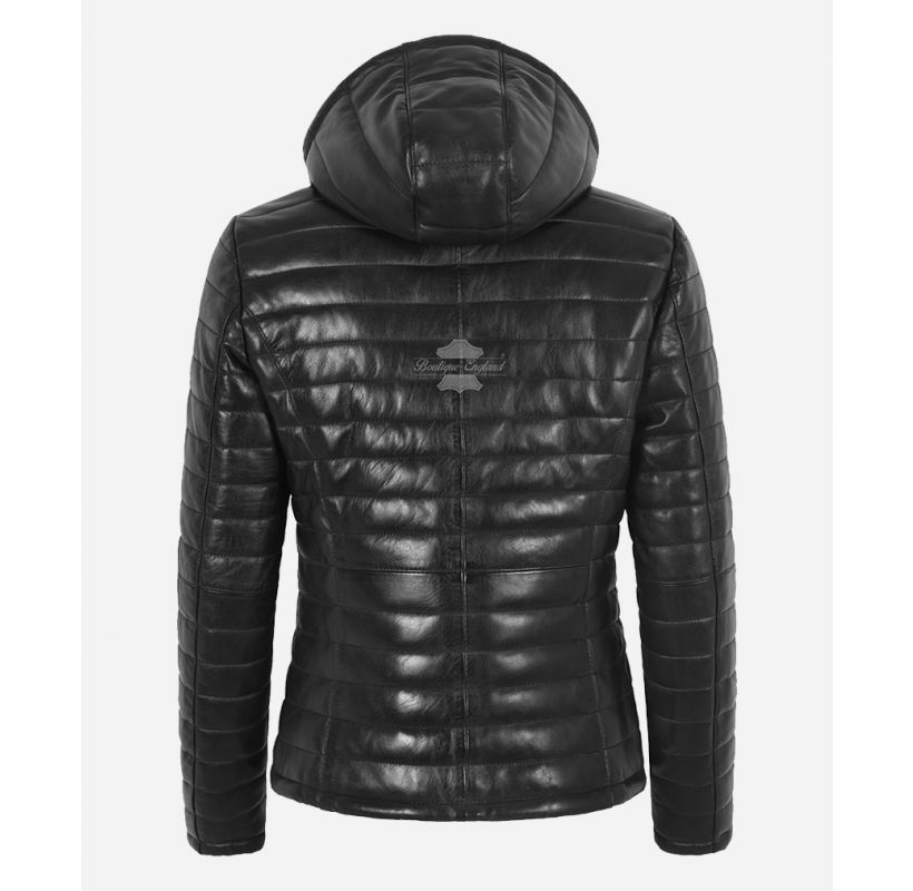 Ladies PUFFER Leather Jacket Leather Hooded Women Leather Jacket