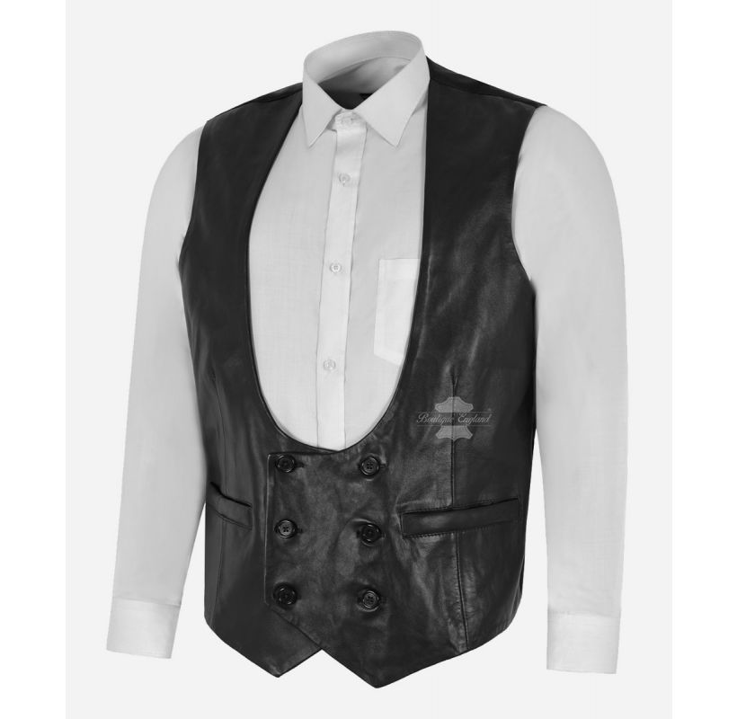 Edwardian Black Waistcoat Classic Leather with Fabric Back Vest