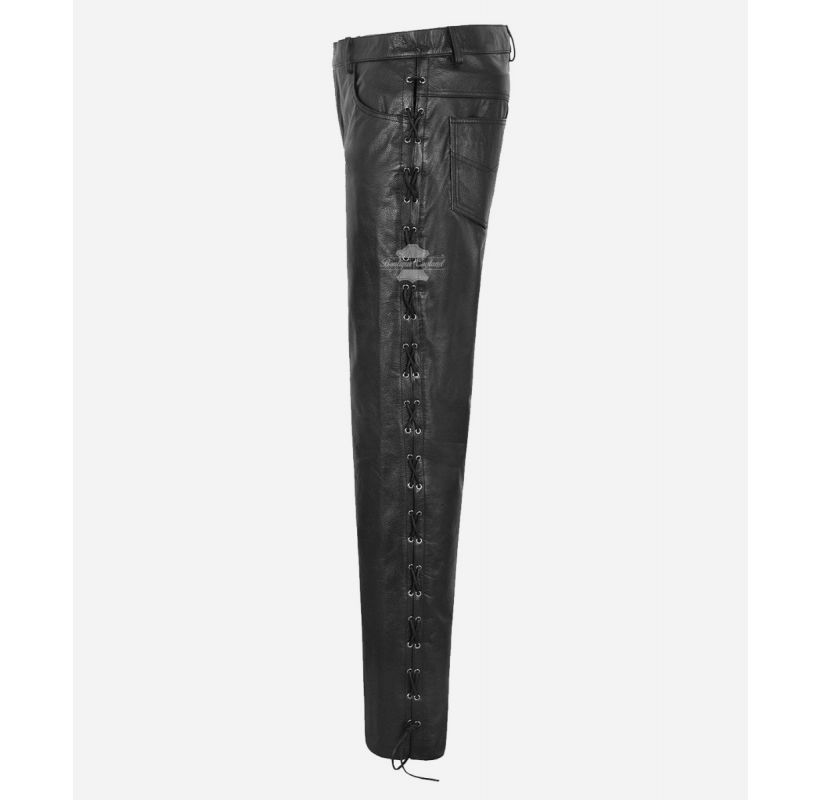 Laced Leather Pants Men's Black Cowhide Laced Biker Trouser Pants
