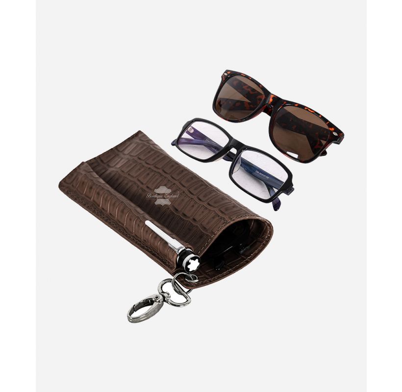 Leather Glasses Case With Pen Holder Croc Print Leather Keychain Pouch