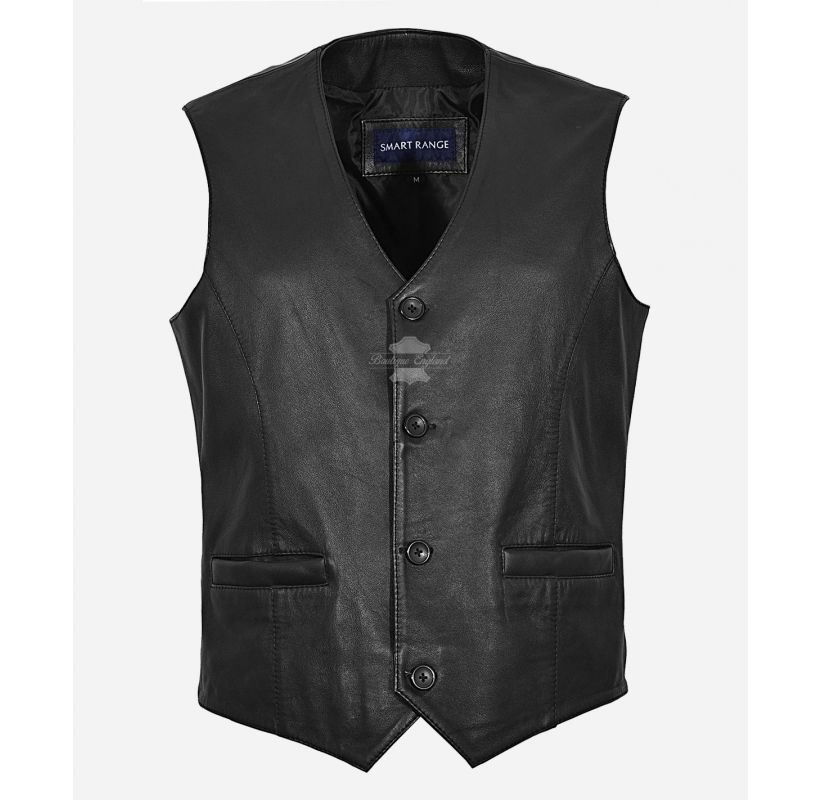 Indiana Leather Vest Men's Classic V-Neckline Leather Waistcoat