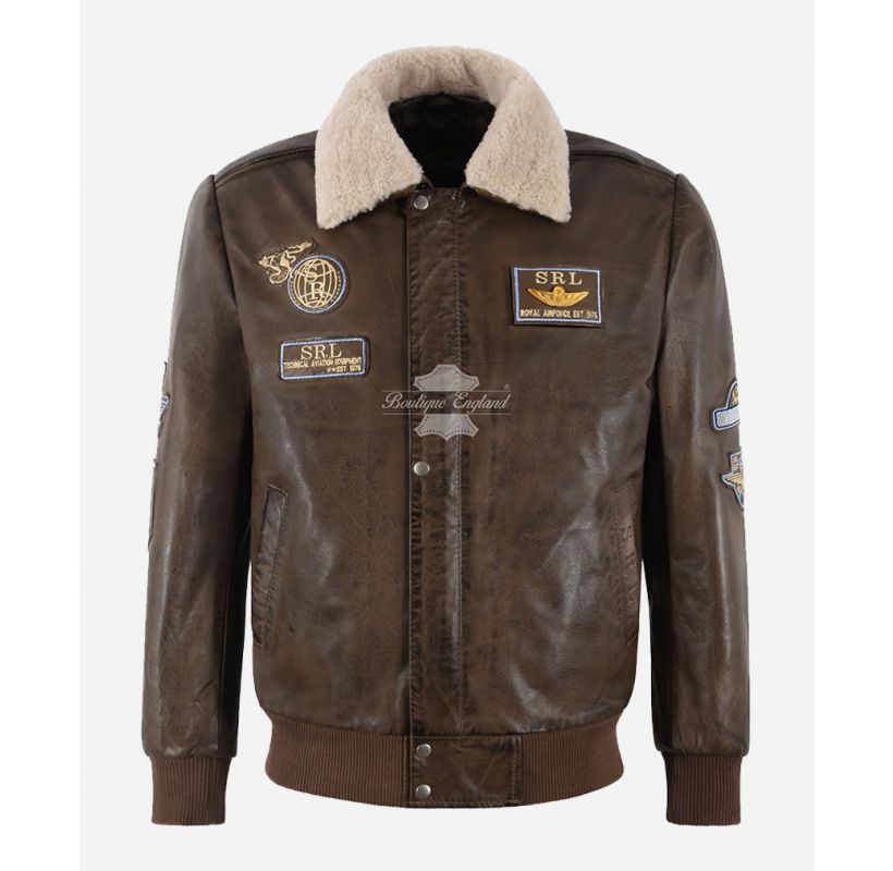 Men's Aviator Leather Jacket Shearling Fur Collar Flying Bomber Jacket