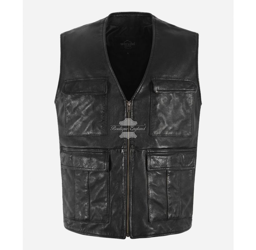 Rebel Leather Vest Men's Multi Pocket Classic Leather Waistcoat