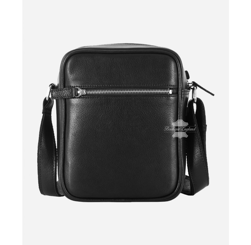 Men's Small Crossbody Bag Black Leather Messenger Travel Bag