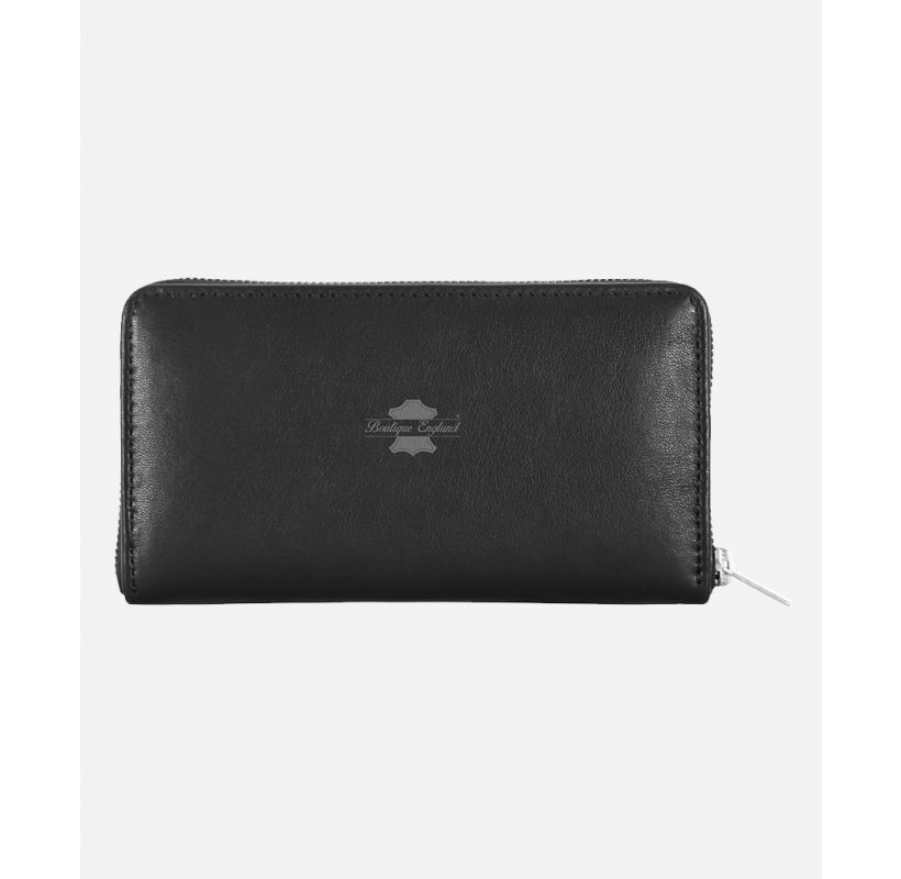 RFID Protected Ladies Leather Clutch Black Elegant Card Holder Hand Bag