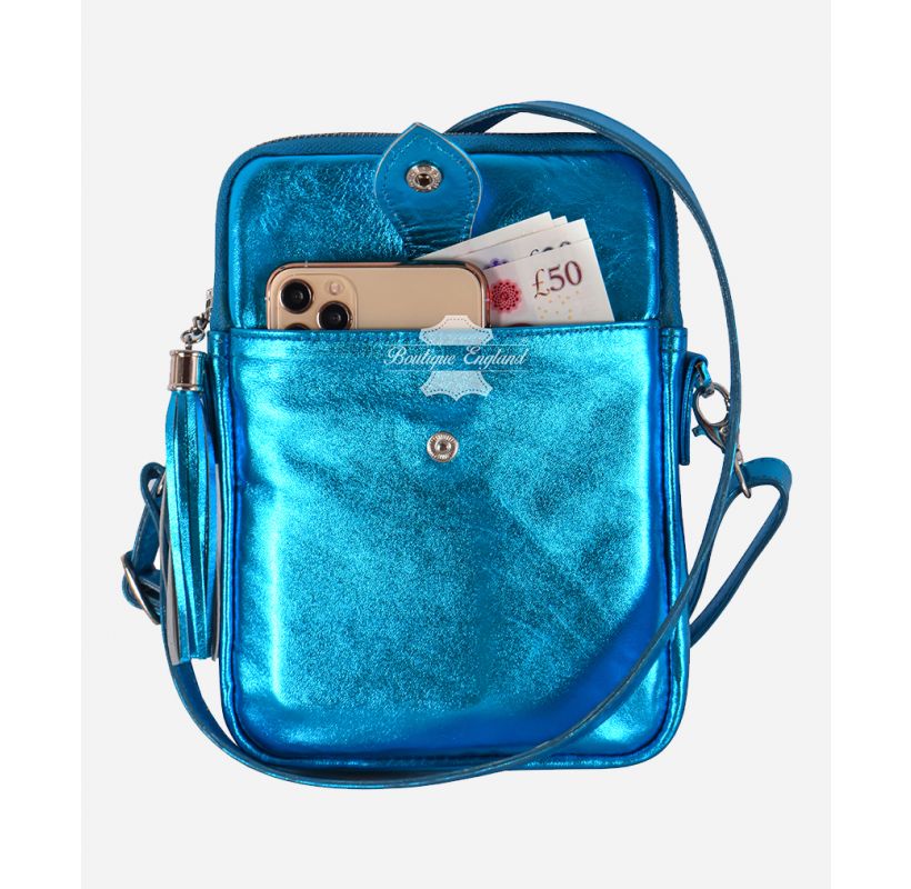 Women's Crossbody Bag Small Metallic Electric Blue Leather Handbag Travel Purse
