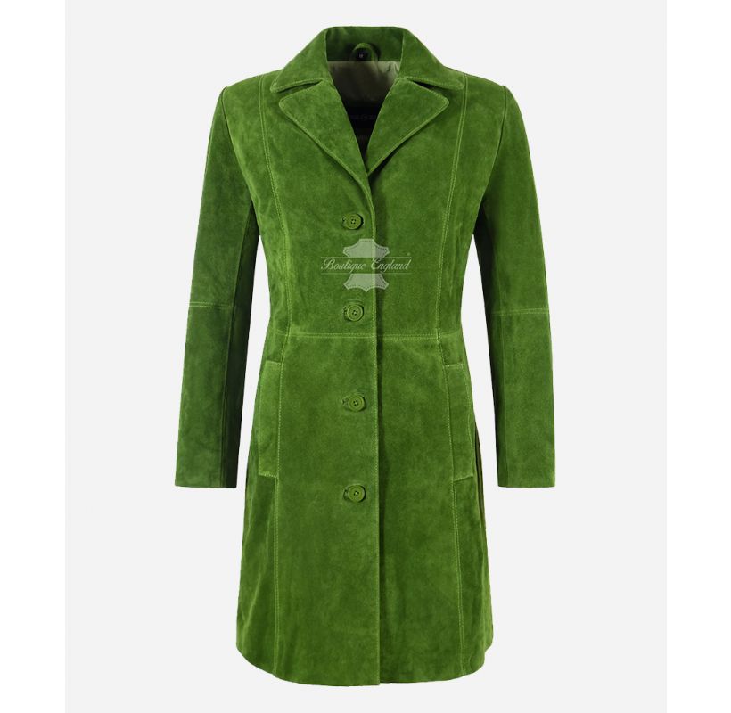 ELEGANT Women's Trench Coat Classic Suede Leather 3/4 Coat Lime Green