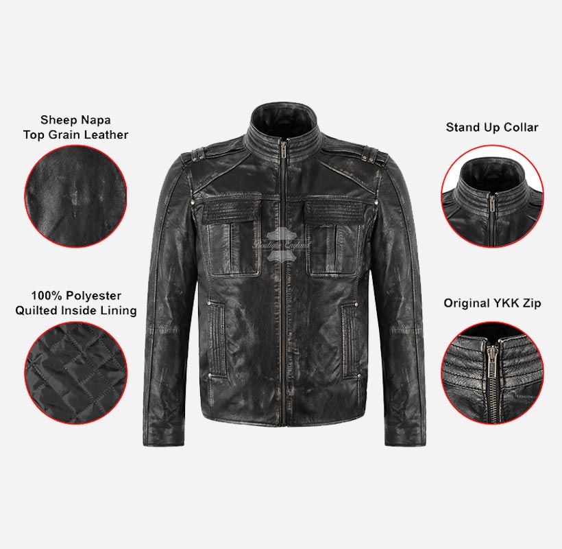 FERNWOOD Vintage Waxed Black Leather Biker Jacket For Men's